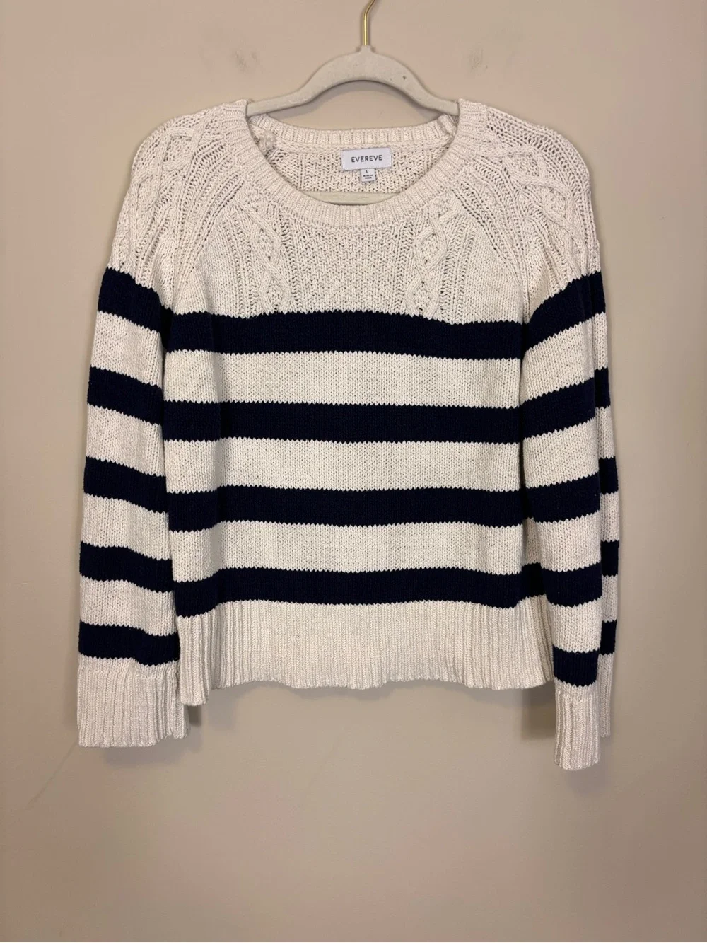 Evereve Cream & Navy Striped Cotton Cable Crew Pullover Sweater Large